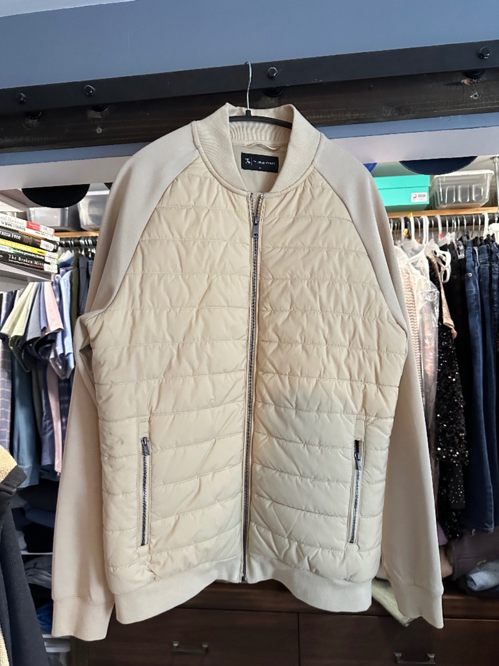 Tailored Athlete Quilted Hybrid Bomber Jacket, EUC!!